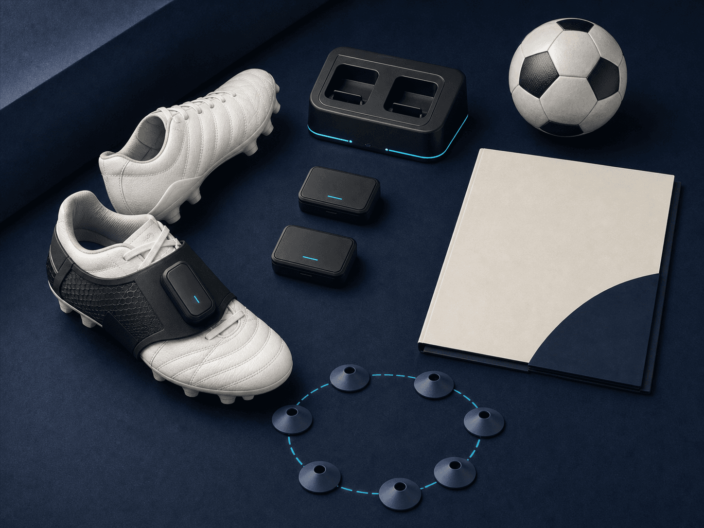 Player tracking starter kit with cleats, sensors, ball, baseline markers, and report folder