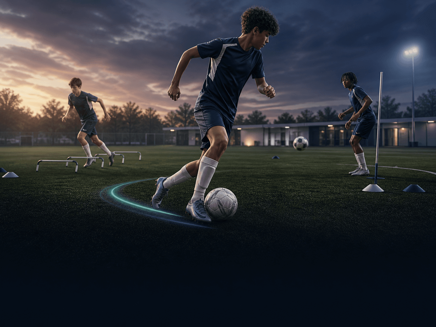 Youth soccer players completing focused technical and agility training at dusk