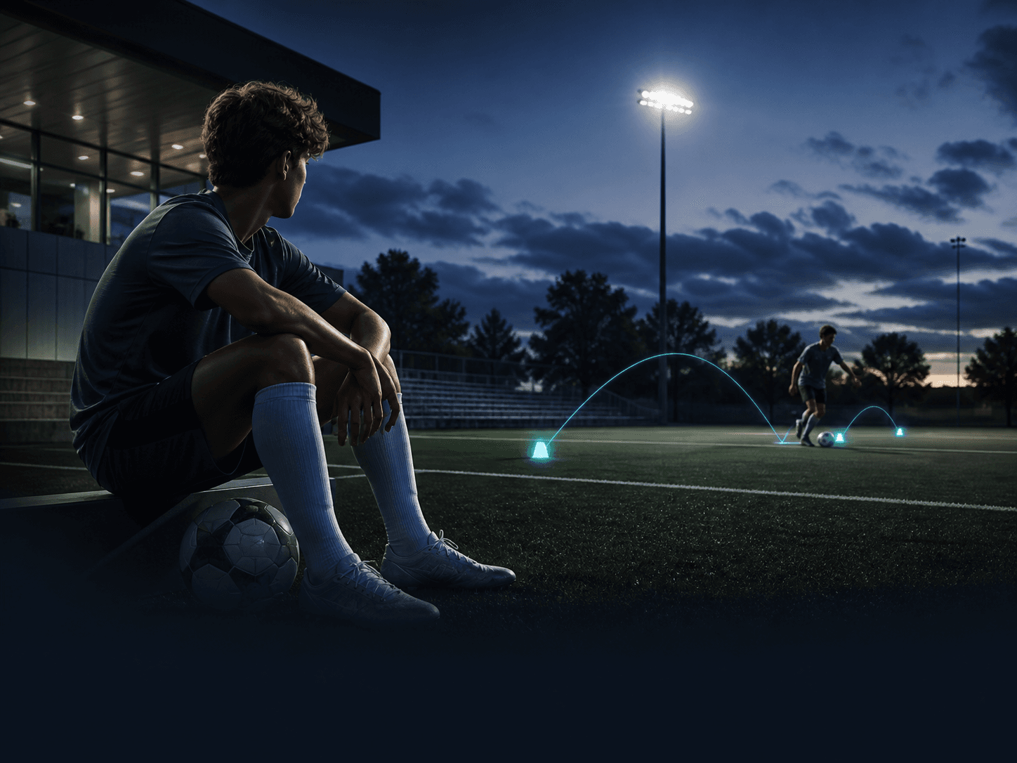 Youth soccer player reflecting after training as progress is measured on the field