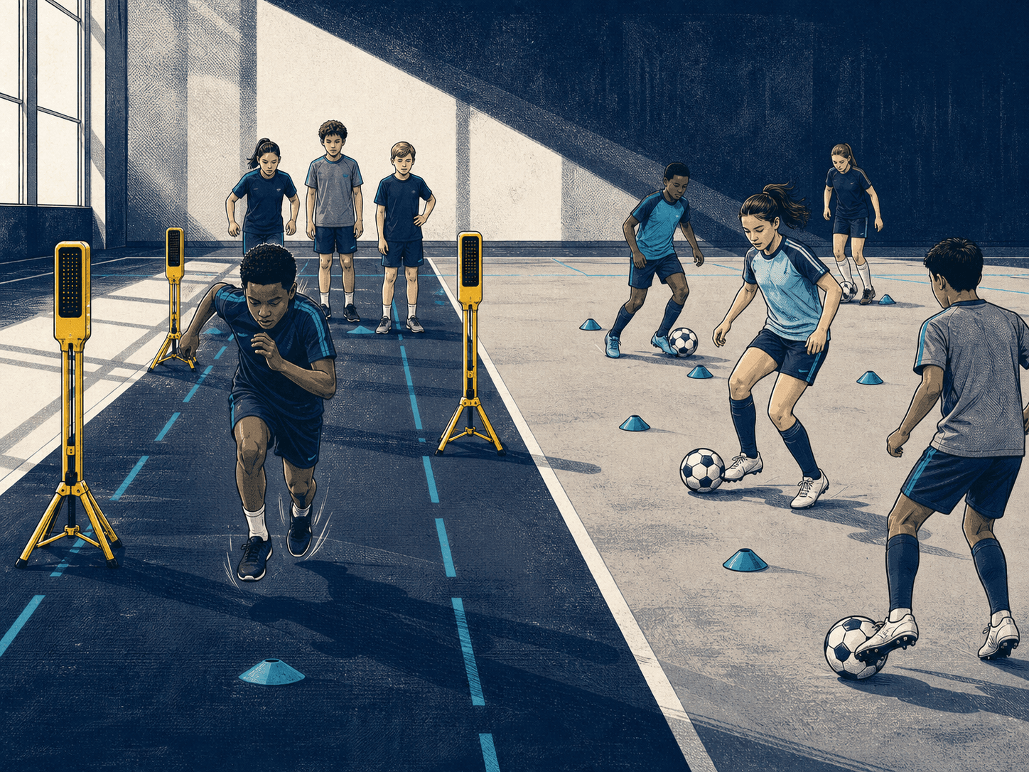 Youth athletes training in separate speed and soccer technical lanes