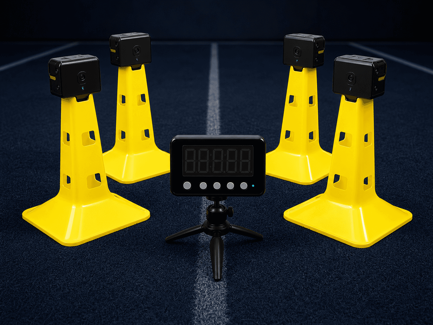 Render of portable electronic speed timing gates across a sprint lane